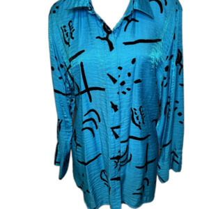 Multiples Women's Teal Blue Abstract Graphic Print Button-Down Blouse